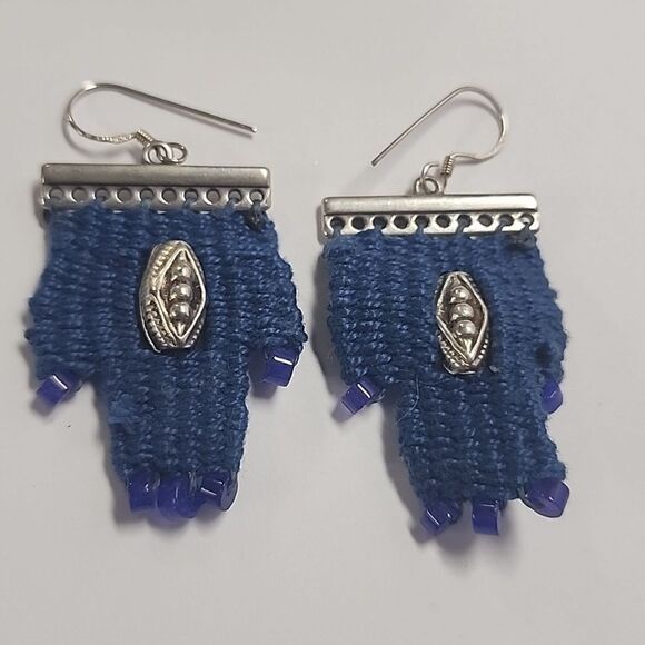 Woven Blue Earrings Dangle Drop Silver Tone Metal Womens Jewelry - Picture 2 of 3